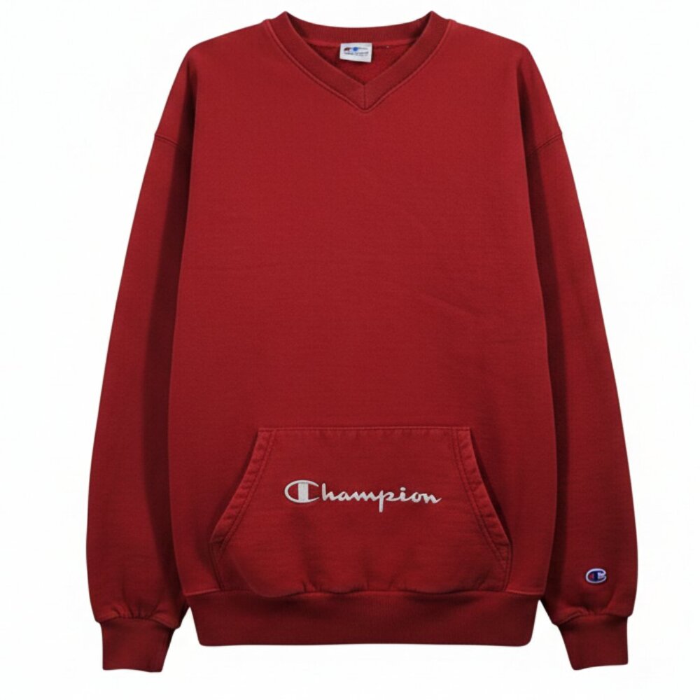 Vtg Champion Pullover Sweatshirt Mens L Red V-Neck Pocket Script Logo Fleece 90s